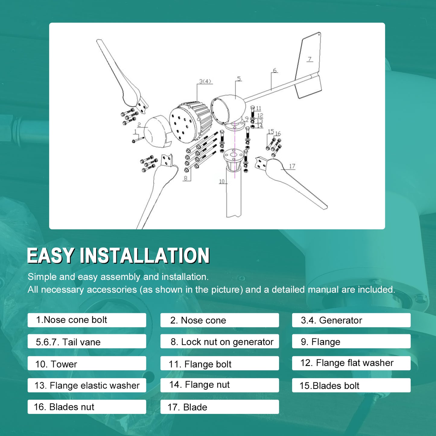 Tumo-Int 2000W 3Blades Wind Turbine Generator Kit with Wind Boosting Controller (24/48V)