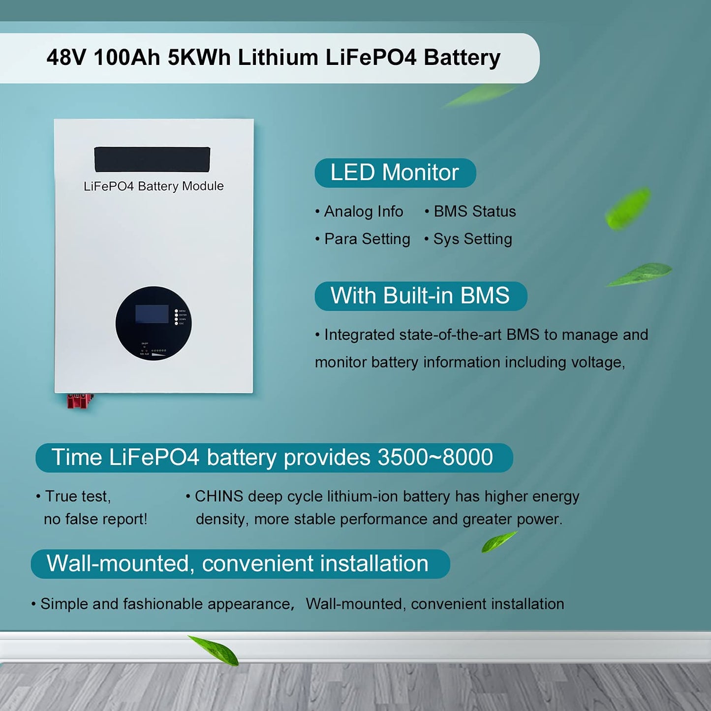 Tumo-Int 51.2V 100Ah 5kWh Lithuim LiFePO4 Power Wall con ciclos de vida BMS 7000 (listado en UL) 